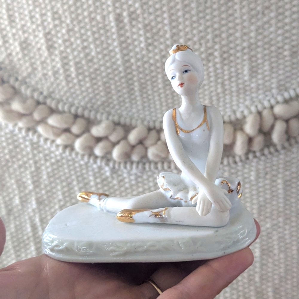 Porcelain Ballerina Figurine – Gold Accents, Bisque Finish, 4”